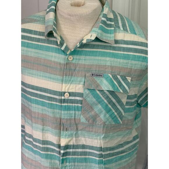 COLUMBIA SHORT SLEEVE BUTTON UP REGULAR FIT light green PLAID MENS MEDIUM - Picture 2 of 6